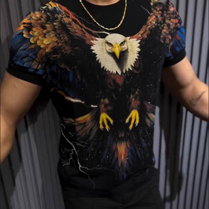 Men's New Eagle Print Hot Diamond Short Sleeved Shirt