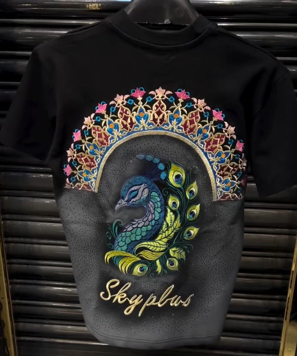 Peacock Embroidery Starry Sky Hot Diamond Short Sleeve