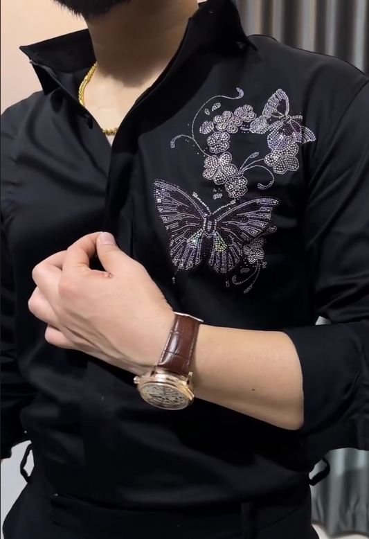 Butterfly Sparkling Diamond Casual Black Long Sleeved Shirt