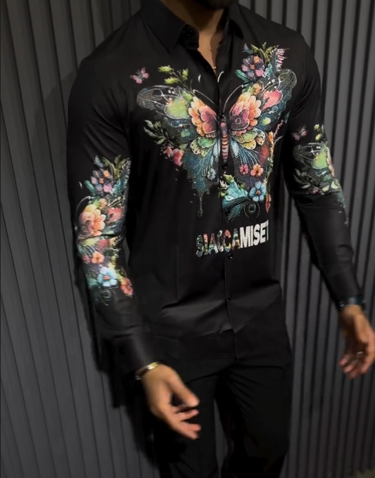 Men's Sparkling Butterfly Embroidered Printed Long Sleeve Shirt