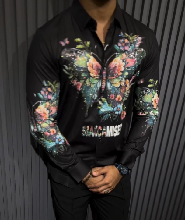 Men's Sparkling Butterfly Embroidered Printed Long Sleeve Shirt