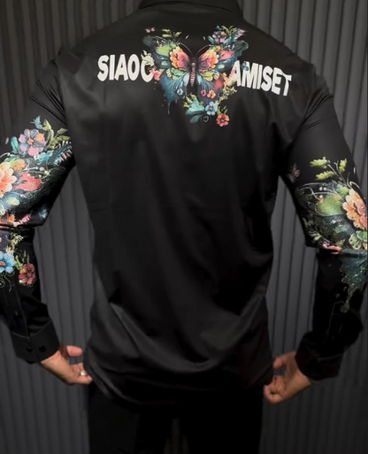 Men's Sparkling Butterfly Embroidered Printed Long Sleeve Shirt