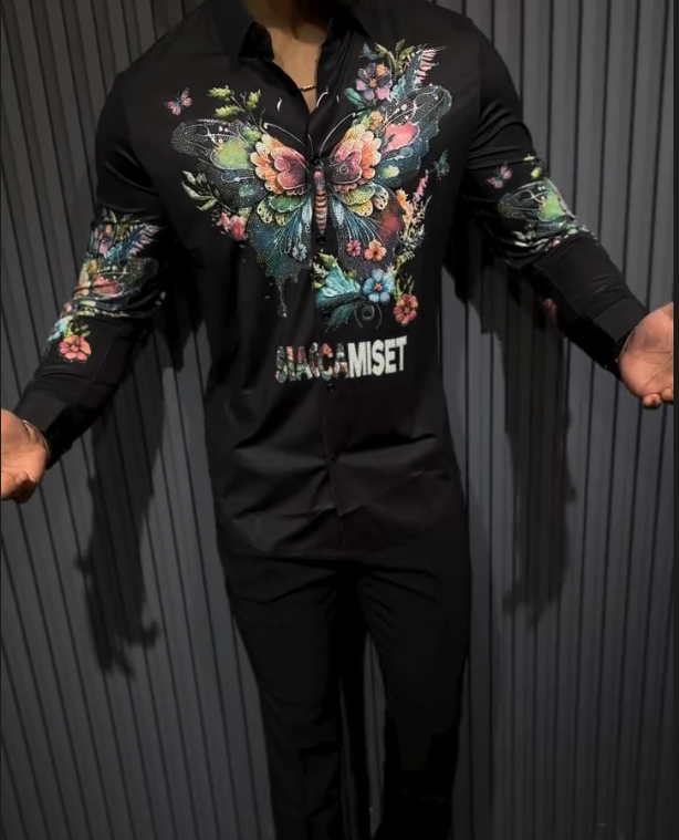 Men's Sparkling Butterfly Embroidered Printed Long Sleeve Shirt