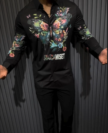 Men's Sparkling Butterfly Embroidered Printed Long Sleeve Shirt