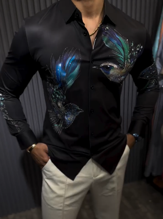 Men's Sparkling Peacock Bird Embroidered Printed Long Sleeve Shirt