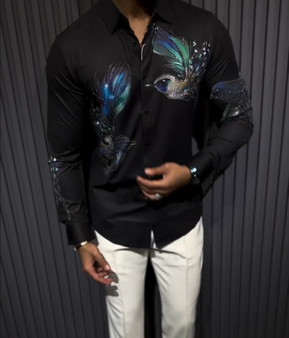Men's Sparkling Peacock Bird Embroidered Printed Long Sleeve Shirt