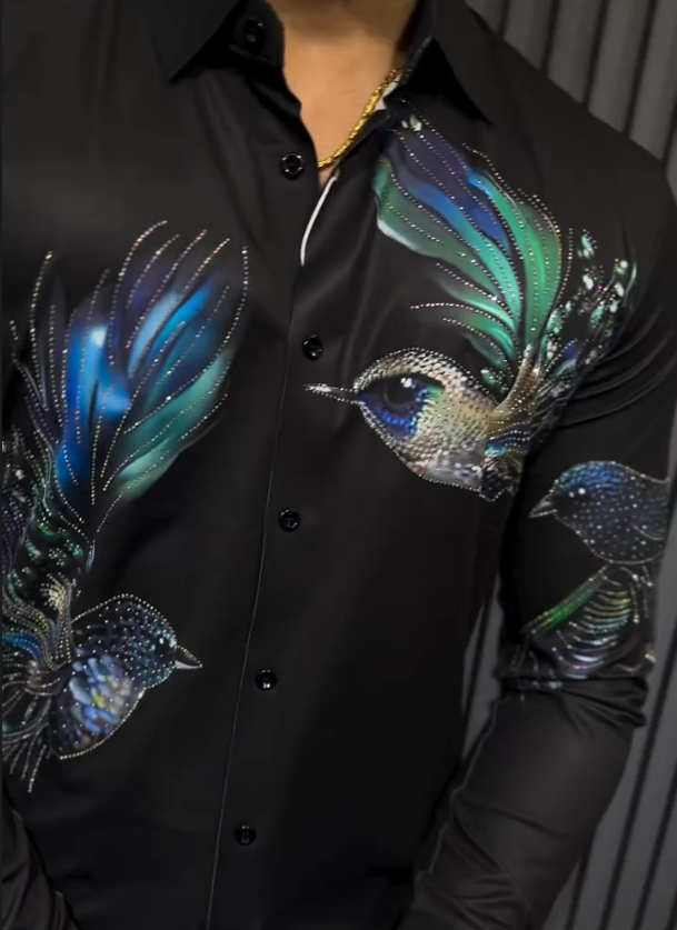Men's Sparkling Peacock Bird Embroidered Printed Long Sleeve Shirt