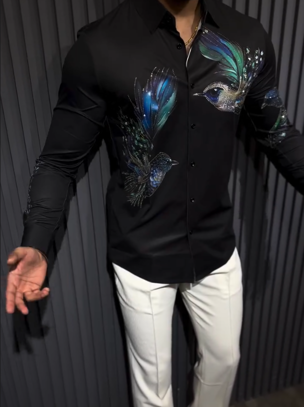 Men's Sparkling Peacock Bird Embroidered Printed Long Sleeve Shirt