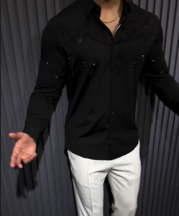 Men's Black Sparkling Long Sleeve Shirt