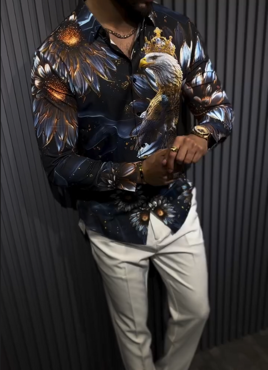 Flash Diamond Eagle Pattern Printed Long Sleeve Shirt