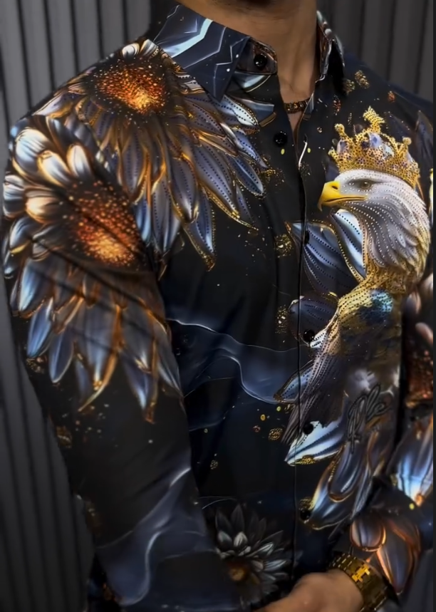 Flash Diamond Eagle Pattern Printed Long Sleeve Shirt