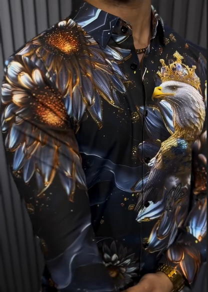 Flash Diamond Eagle Pattern Printed Long Sleeve Shirt