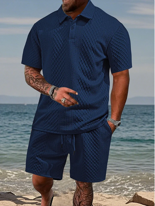 Men's Jacquard Casual Lapel Shorts Set