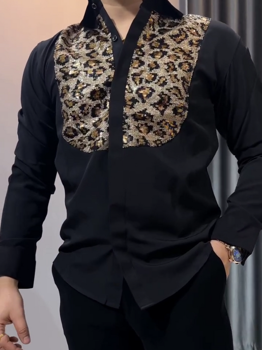 Diamond Inlaid Leopard Print Long Sleeved Shirt