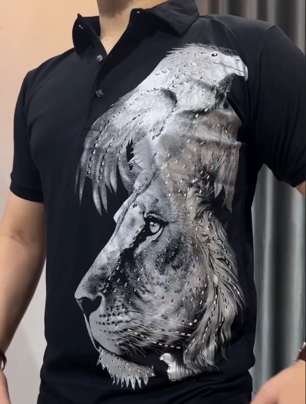 Diamond Studded Lion Print Short Sleeved Shirt