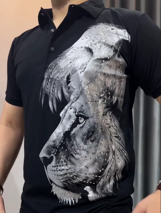 Diamond Studded Lion Print Short Sleeved Shirt