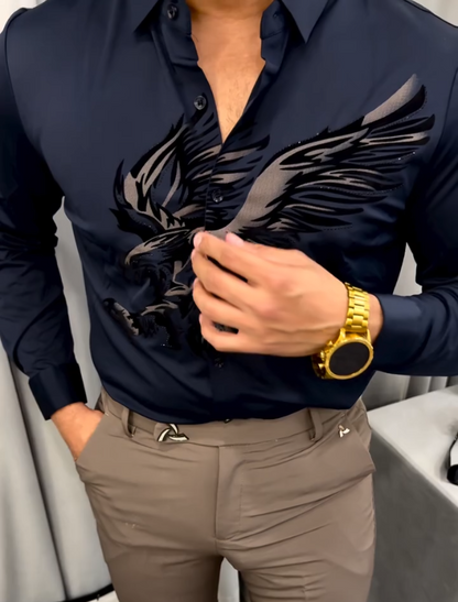 Diamond Encrusted Eagle Print Long Sleeved Shirt