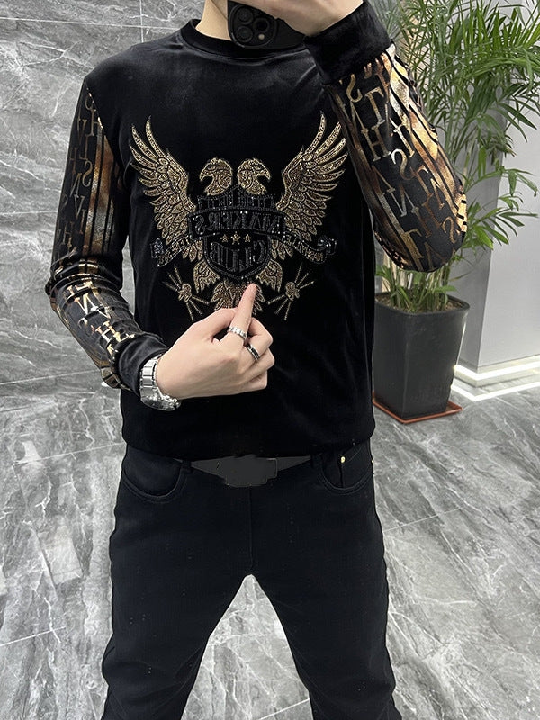 Men's Light Luxury Personalized Fashion Gold Velvet Hot Diamond Round Neck Long Sleeve