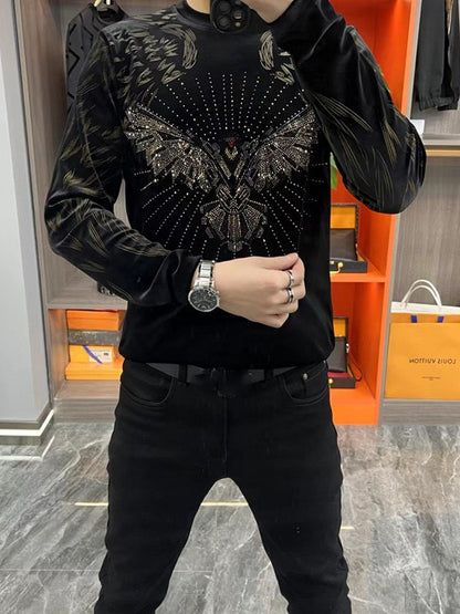 Men's Light Luxury Personalized Fashion Gold Velvet Round Neck Long Sleeve