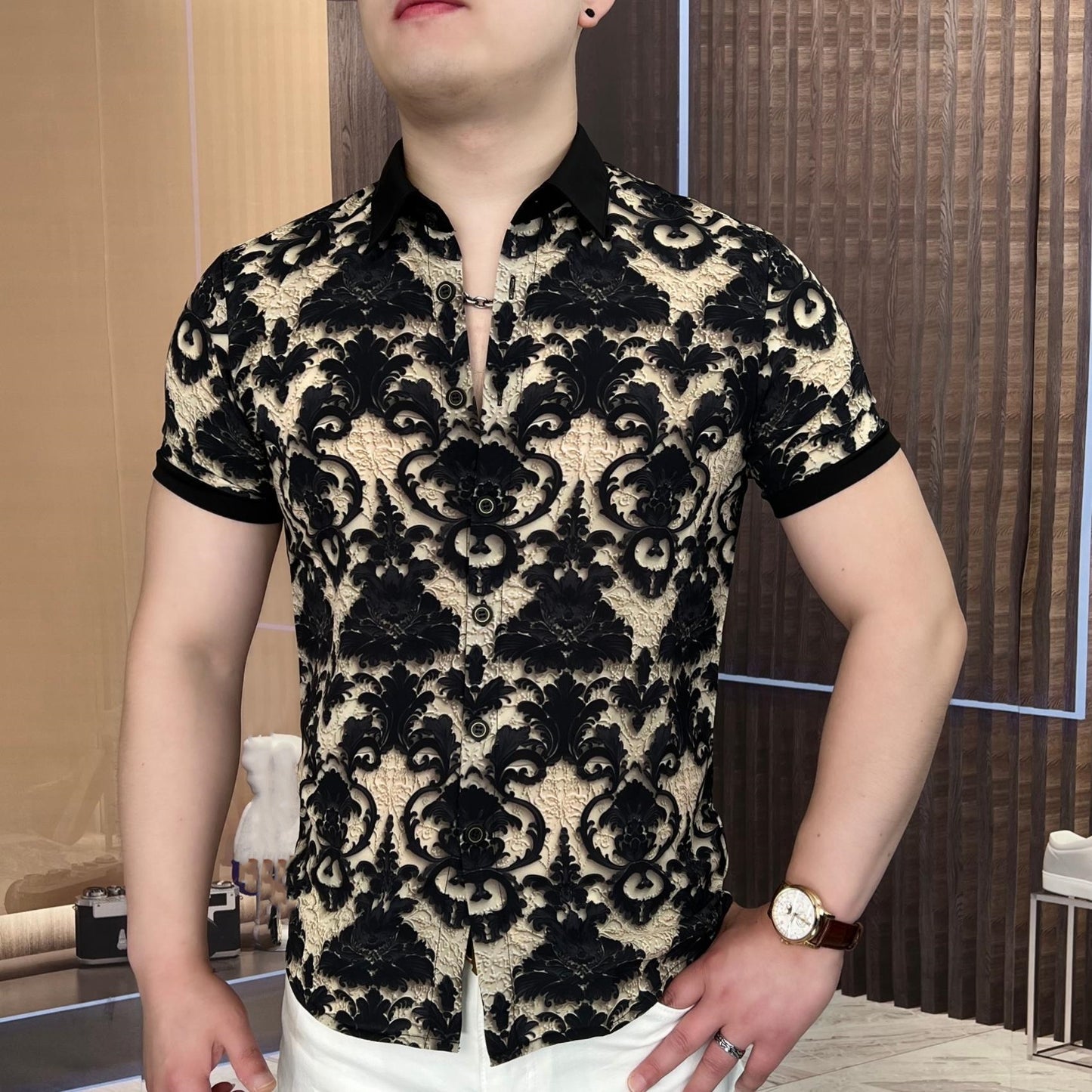 Men's summer casual lapel print men's shirt short sleeved