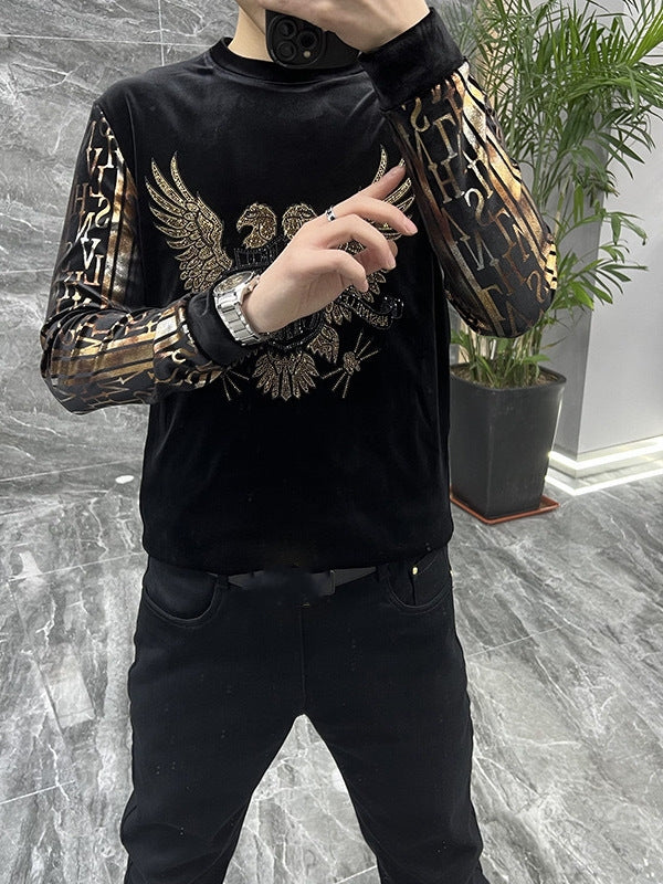 Men's Light Luxury Personalized Fashion Gold Velvet Hot Diamond Round Neck Long Sleeve