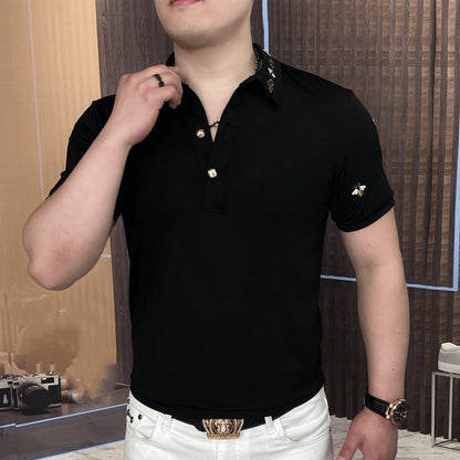 Men's Summer Leisure Fashion Thin Half Open Lapel Embroidered Short Sleeves