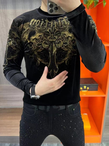 Men's Personalized Fashion Gold Velvet Round Neck Long Sleeve