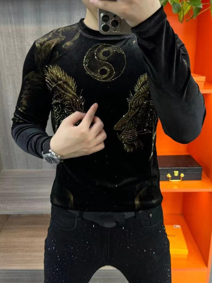 Men's Fashion Gold Velvet Round Neck Long Sleeve