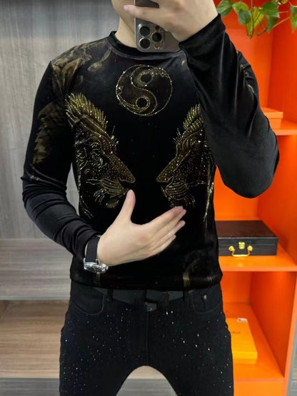 Men's Fashion Gold Velvet Round Neck Long Sleeve