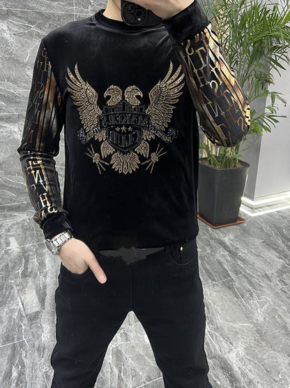 Men's Light Luxury Personalized Fashion Gold Velvet Hot Diamond Round Neck Long Sleeve