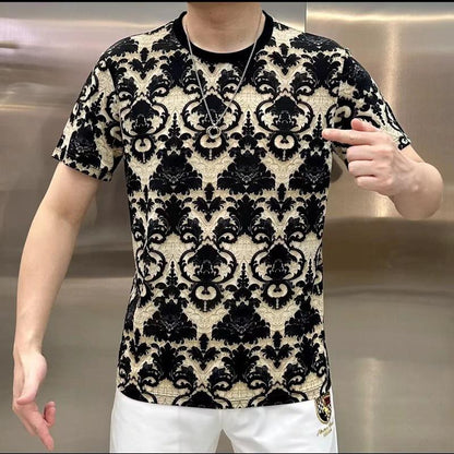 Men's Summer Ice Silk Slim Fit Round Neck Light Luxury Short Sleeve T-shirt