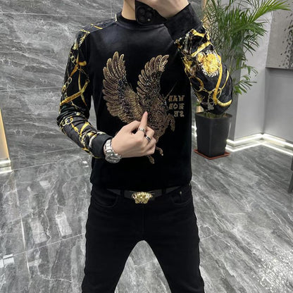 Men's new gold velvet rhinestone round neck base shirt