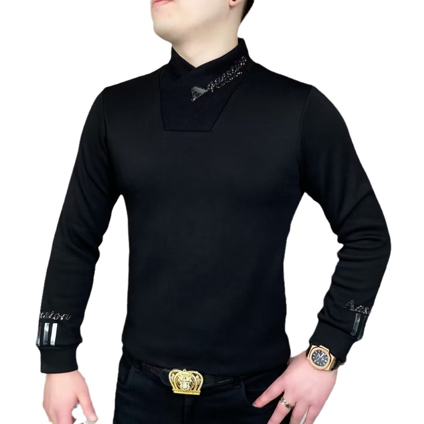 Men's new semi high neck fashionable plus plush thick base shirt