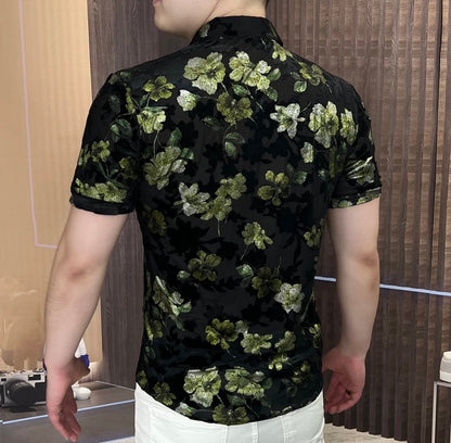 Men's Thin Sparkling Green Flower Shirt Short Sleeved