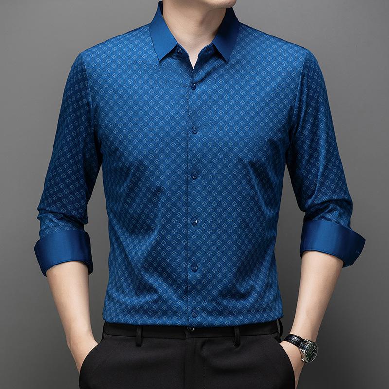 Men's new fashionable and trendy elastic no iron collar seamless slim fit shirt