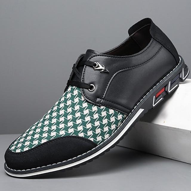 Men's  Houndstooth Pattern Faux Leather Sneakers With Lace-Up