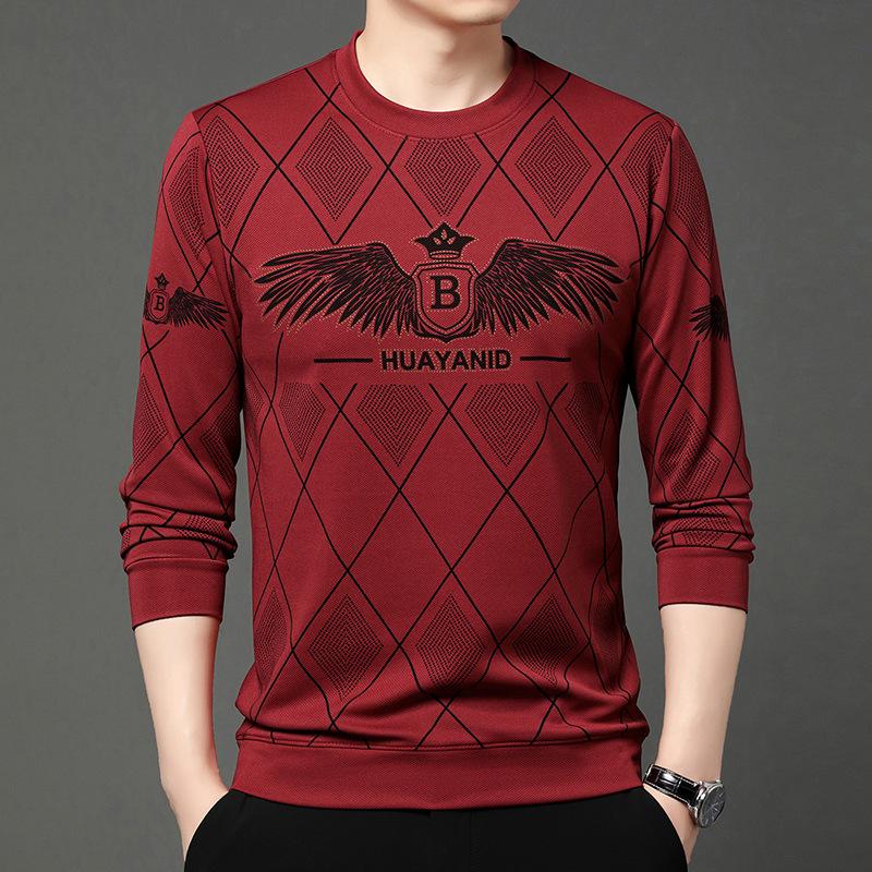 Men's autumn and winter plush printed long sleeved round neck T-shirt