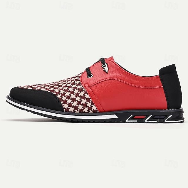 Men's  Houndstooth Pattern Faux Leather Sneakers With Lace-Up