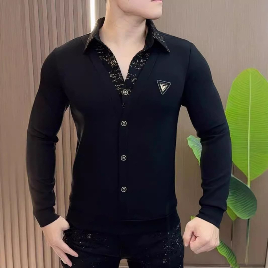 Men's new trendy brand spliced fake two-piece high-end shirt collar sweatshirt