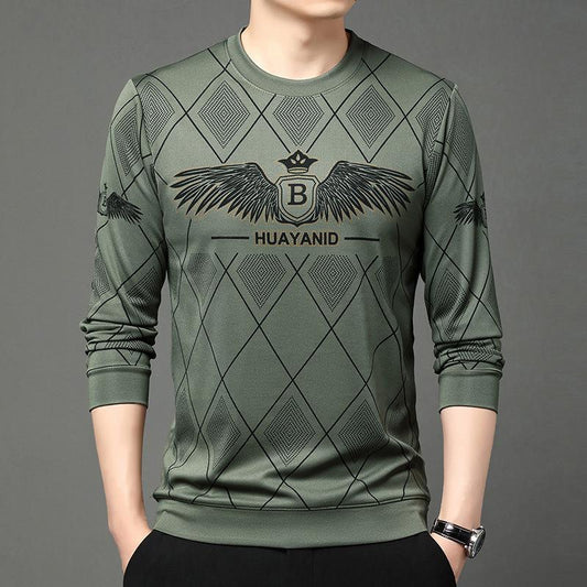 Men's autumn and winter plush printed long sleeved round neck T-shirt