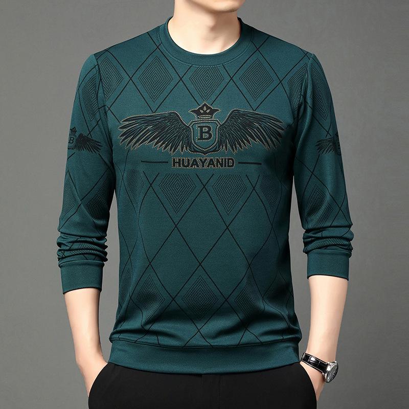 Men's autumn and winter plush printed long sleeved round neck T-shirt