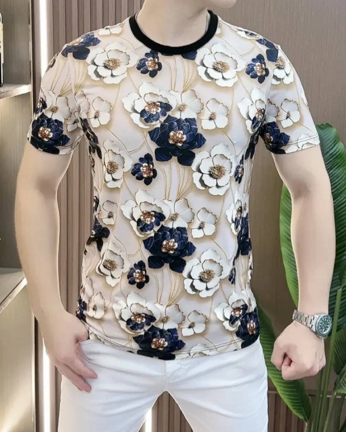 Men's Summer New Flower Printed Silk Short Sleeved Shirt