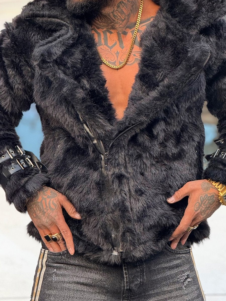 Men's Faux Fur Cuff Coat With Belt Buckle Detail