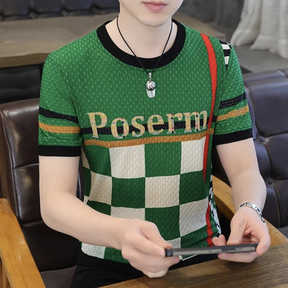 🔥Limited Time Offer 49% OFF🔥Men's new letter plaid casual round neck men's ice silk short sleeved shirt