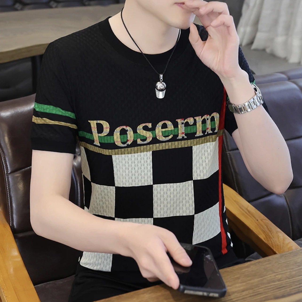 🔥Limited Time Offer 49% OFF🔥Men's new letter plaid casual round neck men's ice silk short sleeved shirt