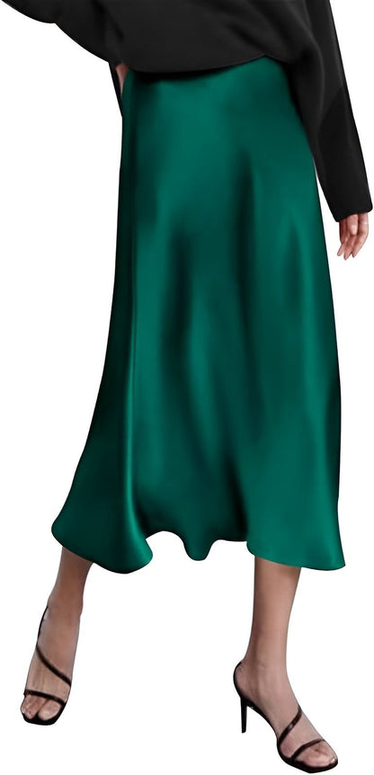 🎄Christmas Sale - 49% Off🔥Womens Midi Skirt High Waisted Solid Satin Dress Zipper Elegant Work Skirts