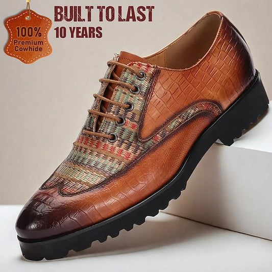 Men's Leather And Woven Pattern Oxford Shoes