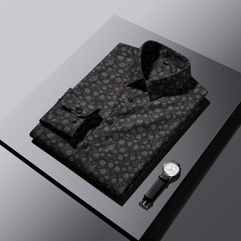Men's new high-end light business digital printed wrinkle resistant rose long sleeved shirt