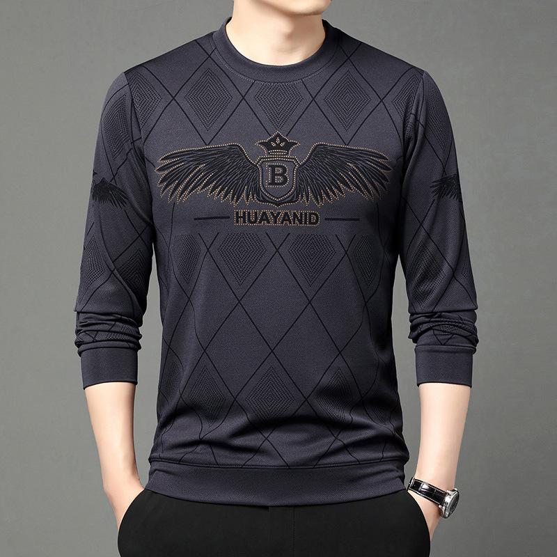 Men's autumn and winter plush printed long sleeved round neck T-shirt