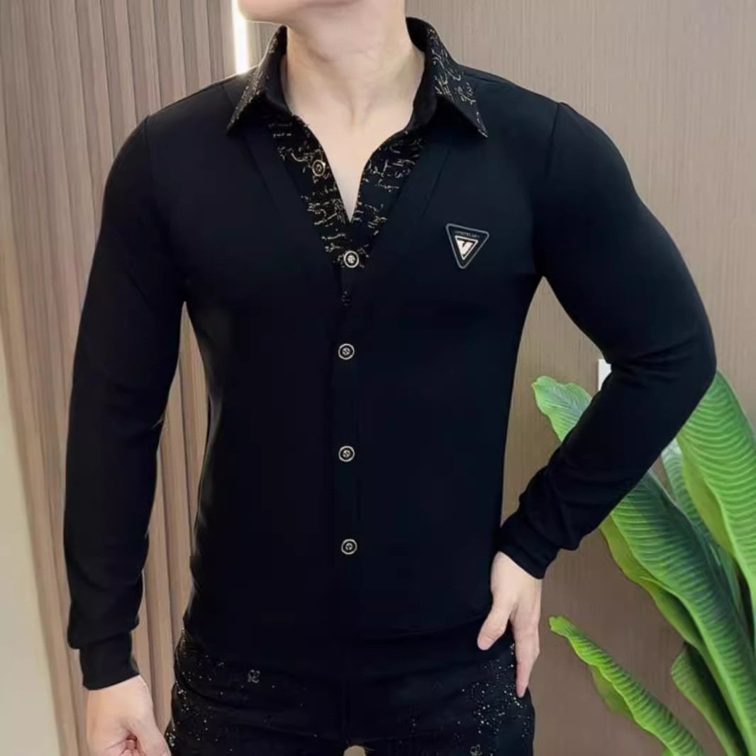 Men's new trendy brand spliced fake two-piece high-end shirt collar sweatshirt